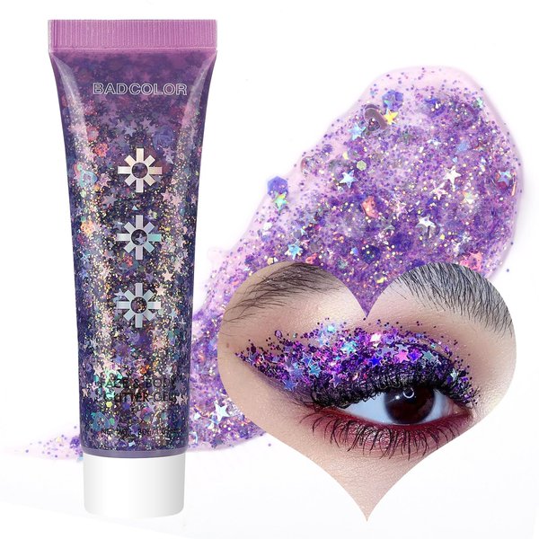 BADCOLOR Purple Face Body Glitter Gel, Holographic Shimmer Chunky Glitters Makeup for Hair Nails Eye Lips, Music Festival Concert Rave Accessories Party, Long Lasting Sparkling Mermaid Sequins Gel Kit