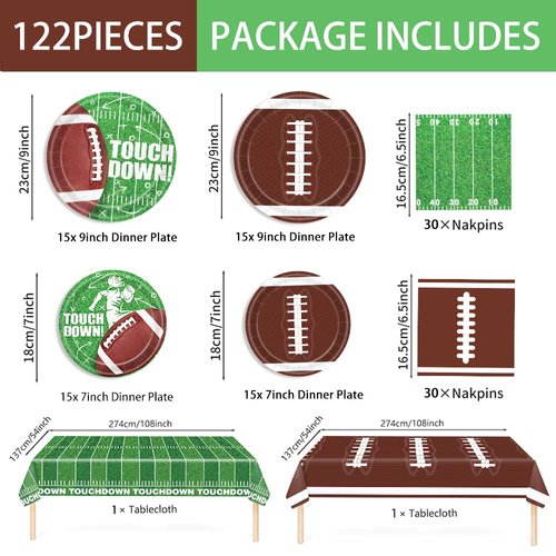 AURORAPARTY 122pcs Football Party Supplies Birthday Party Tableware Set Include Paper Plates Napkins Plastic Tablecloth Disposable Football Party Decorations for 30 Guests