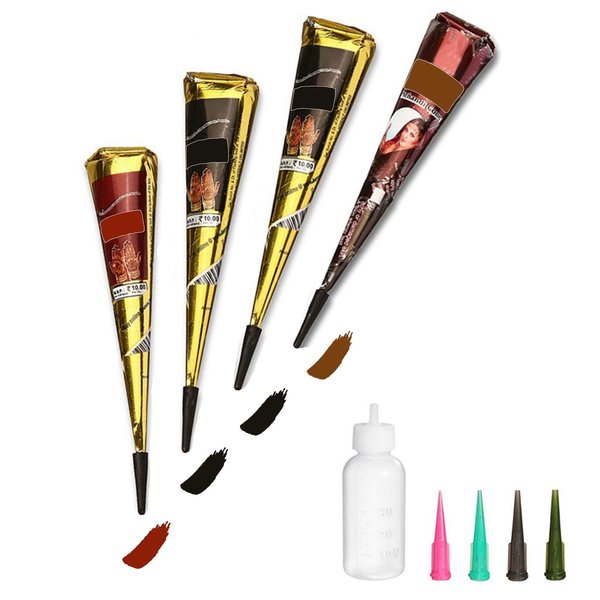 Temporary Tattoos Kit, 4Pcs Semi Permanent Tattoo Paste Cones, India Body DIY Art Painting for Women Men Kids, Summer Trend Freehand Plaste with 3 Colors(1Pc Bottle,4Pcs Nozzles)20Pcs Adhesive Stencil