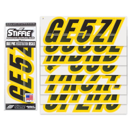 Stiffie Techtron Black/Yellow 3" Alpha-Numeric Registration Identification Numbers Stickers Decals for Boats & Personal Watercraft