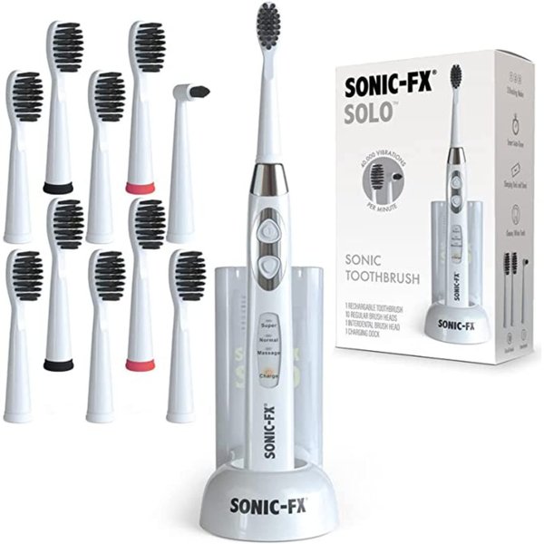 Sonic-FX Solo Electric Toothbrush w/ 10 Brush Heads + 1 Interdental, Charcoal Bristles, Rechargeable, Charging/Storage Base, 3 Brush Modes, Smart Timer, 2 Months Use on Full Charge, White Color