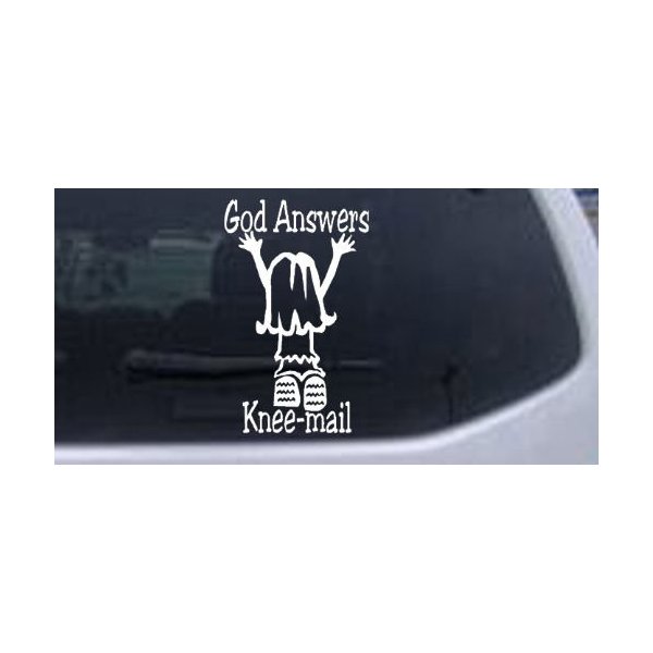 Rad Dezigns White 6in X 3.8in - God Answers Knee-Mail Girl Christian Car Window Wall Laptop Decal Sticker
