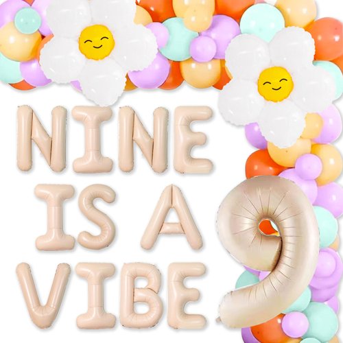 JeVenis Nine is A Vibe Party Decoration Groovy 9th Birthday Decorations Hippie Banner Boho Decor Retro Flower Daisy 60's 70's Theme Party Supplies