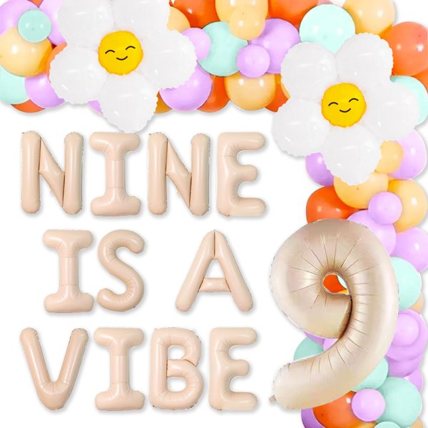 JeVenis Nine is A Vibe Party Decoration Groovy 9th Birthday Decorations Hippie Banner Boho Decor Retro Flower Daisy 60's 70's Theme Party Supplies