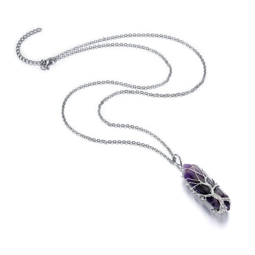 PESOENTH Amethyst Tree Of Life Wire Wrapped Reiki Healing Crystal Pendant Necklace Purple Quartz Gemstone Hexagonal Pointed Energy Stone Pendant Jewelry for Women
