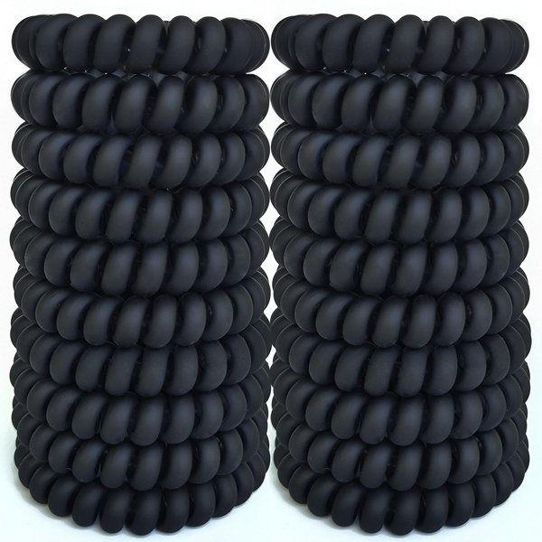 Leenchiry 20 Pieces Traceless Spiral Hair Ties No Damage Elastics Coil Hair Ties No Crease Phone Cord Hair Ties Plastic Hair Bands Spiral Bracelets Ponytail Holders for Women and Girls - Matte Black