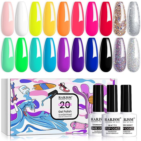 RARJSM 23 Pcs Gel Nail Polish Set, Pastel Nail Gel Kit Spring Summer Neon Green Yellow Black Glitter White Pink Blue Collection with Classic Colors LED UV Curing Gel Polish Nail Kit 5ml