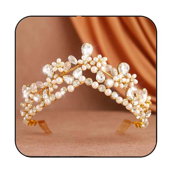Yean Gold Crowns Crystal Wedding Crowns Tiaras Pearl Flower Headwear Hair Accessories for Women and Girls