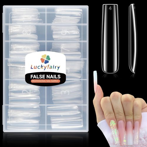 Luckyfairy Extra Long Square Nail Tips, XXL 120Pcs 12 Sizes No C Curve Clear Acrylic Nails Straight Tapered Square Press on False Nail Tips for Nail Extension Nail Art Salon Home DIY