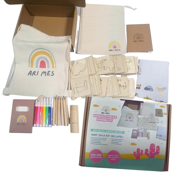 ARI MES Premium Wooden Drawing Stencils Kit for Kids - 50 Pieces Coloring Puzzle Arts Crafts Set Box - Educational and Fun Ages 3 + Drawing Supplies Gift for Boys Girls Children Preschoolers