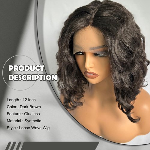 SOKU Short Bob Lace Front Wigs Synthetic 12 Inch Loose Wave Lace Front Wigs Middle Part Dark Brown Curly Wigs for Black Women Transparent Lace