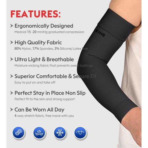 KEKING® Lymphedema Compression Arm Sleeves with Silicone Band for Men Women (Pair), 15-20 mmHg Compression Full Arm Support for Lipedema, Edema, Post Surgery Recovery, Swelling, Pain Relief, Black L