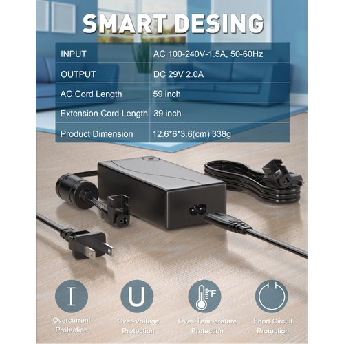 Recliner Power Supply, Ponkor AC/DC Switching Power Supply Transformer 2-pin 29V 2A Adapter with Extension Cord Replacement for Lift Chair or Electric Power Recliner Limoss OKIN