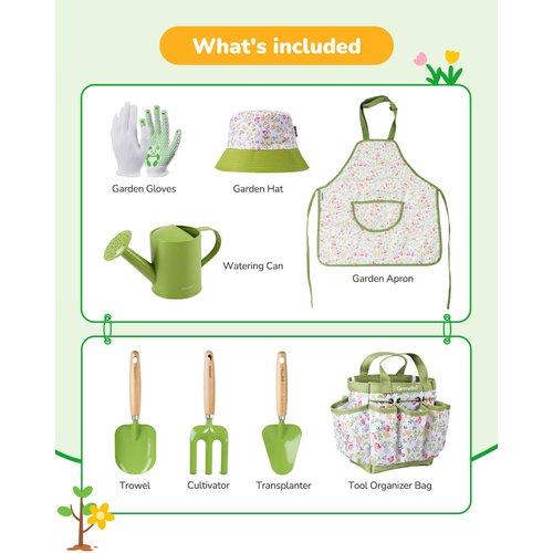 Kids Gardening Set Toys, Quality Garden Tool Kit for Kids and Toddlers, Includes Two Shovels, Garden hat,Rake, Apron,Gloves, Watering Can, and Tool Bag (Green)