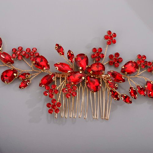 BERYUAN Teardrop Flower Crystal Hair Comb for Women Cute Crystal Comb for Bride RED