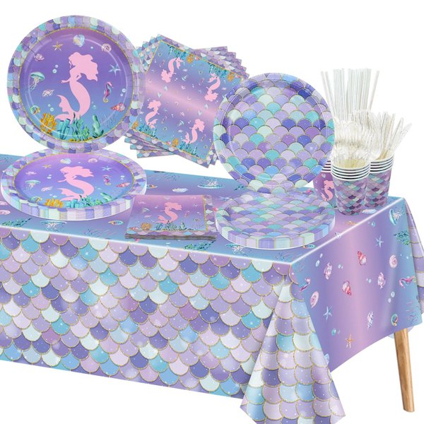 161Pcs Mermaid Birthday Decorations - Including Mermaid Party Plates and Napkins, Mermaid Scale Cups, Mermaid Tablecloth for Girl Kids Baby Shower Little Mermaid Birthday Party Supplies, Serve 20