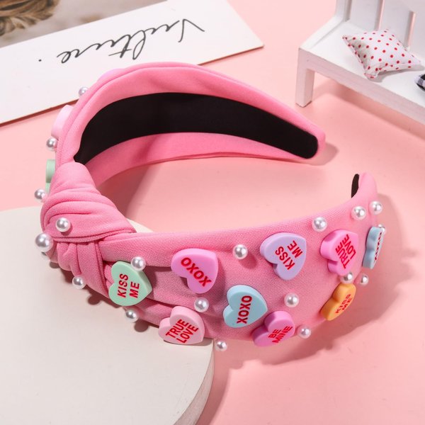 Valentine’s Day Heart Headbands for Women Valentine’s Day Accessories Conversation Heart Knotted Headband Pink Red Rhinestone Wide Top Knot Headband Valentine Party Favors Gifts (Conversation Heart)