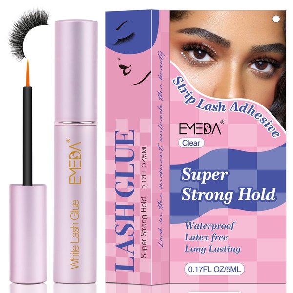EMEDA False Eyelash Glue Super Strong Hold 24H Clear Glue Latex Free Eyelash Glue Waterproof Lash Glue White Strip Eyelash Adhesive 5ml 0.17oz