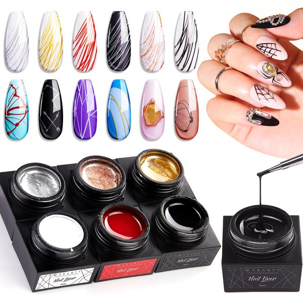 Makartt Spider Gel for Nail Art 6 Colors Elastic Nail Art Paint Drawing Spider Gel for Line White Black Red Rose Gold Silver Liner Gel Polish Set for Home Salone Nail Tech DIY Nail Art
