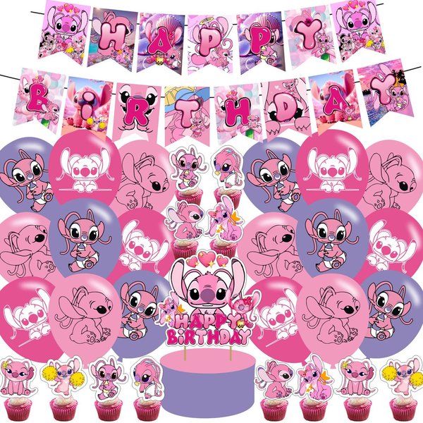Cartoon Pink Birthday Party Decoration,Pink Theme Birthday Banner, Cake Topper, Latex Balloons for Pink Birthday Party Supplies