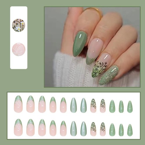24 Pcs Green Cat Eye Press on Nails Short Almond - MINGCHUN Summer Fake Nails Press ons French Nail Tip Glitter Flower Butterfly Full Cover False Nails Glue on Nails Stick on Nails Acrylic Nail Art