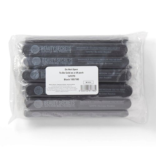 Beauty Secrets Medium Coarse 180/100 Black Cushion Nail File, Two-Sided, Washable, Sanitizable, 48 Count