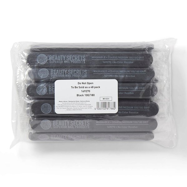 Beauty Secrets Medium Coarse 180/100 Black Cushion Nail File, Two-Sided, Washable, Sanitizable, 48 Count