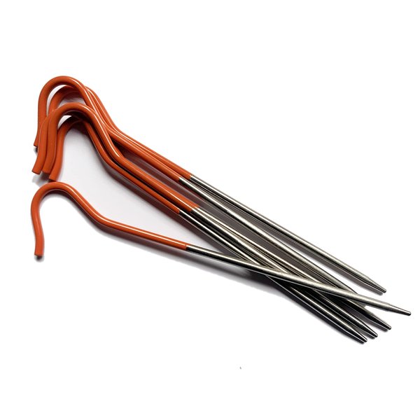 Vargo Titanium Shepherds Hook Stake with Fluorescent Orange Head (6 Pack) | Camping Tent Stakes | 0.3 Ounces (8 Grams) 6.5” L x 0.14” D (165 x 3.5mm) | Ultralight Durable Tent pegs | Model T-117