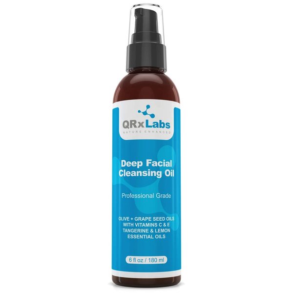 QRxLabs Deep Facial Cleansing Oil with Olive and Grape Seed Oils, Tangerine & Lemon Essential Oils, Boosted with Vitamins C & E - BEST Cleanser for Dry Skin - Makeup Remover & Face Wash - 6 fl oz