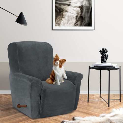 Asnomy Recliner Chair Covers Lazy Boy Recliner Covers with Pockets Stretch Velvet Couch Cover Slipcovers 1-Piece Furniture Protector for Dogs Cats(Recliner,Dark Grey)