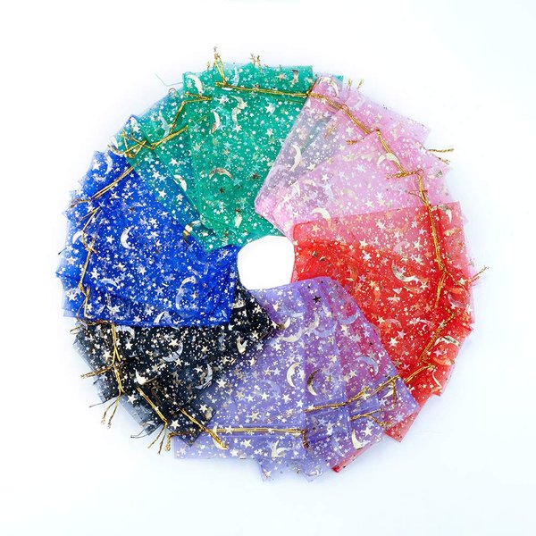 SumDirect Small Sheer Organza Bags - 120Pcs 4×5 Inch Mixed Color Moon Stars Wedding Party Favor Bags with Drawstring, Jewelry Gift Mesh Bags for Valentines Day