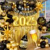 Happy New Year Decorations 2025 with Black Gold Confetti Balloons 2025 Number Balloons New Year Banner Gold Fringe Curtain Backdrop Champagne Balloon for New Years Eve Party Nye Decorations