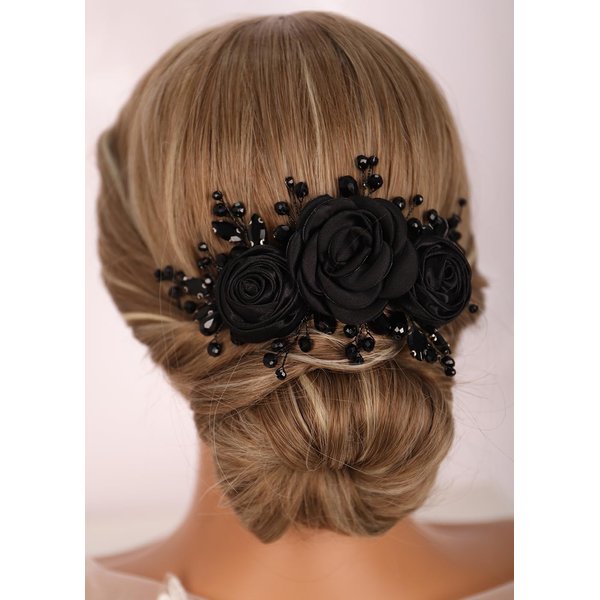 Kercisbeauty Sofe Chiffon Black Rose Flower Headband with Rhinestones Crystal Beads Women Girls Handmade Black Hair Jewelry Wedding Hair Piece