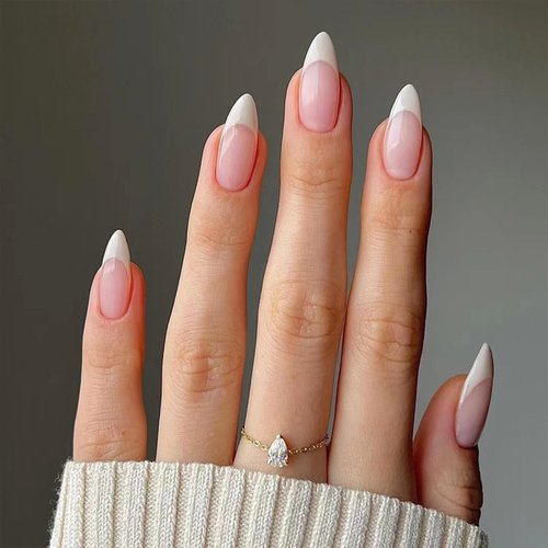 White French Tip Press on Nails Medium Almond Fake Nails Press ons with Designs Glossy Full Cover Acrylic False Nails Stick on Nails Cute Artificial Glue on Nails for Women Manicure 24Pcs