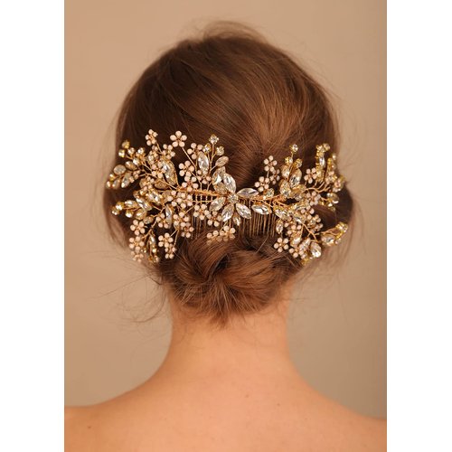 Denifery Gold Bride Crystal Wedding Hair Comb Silver Rhinestone Bridal Side Comb Opal Hair Piece Flower Wedding Hair Accessories for Women and Girls