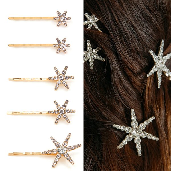 5 PCS Stars Hair Bobby Pins for Women Silver Gold Snowflake Hair Clip Crystal Rhinestones Hair Accessories for Holiday Wedding Birthday Bridal Prom Hairpin