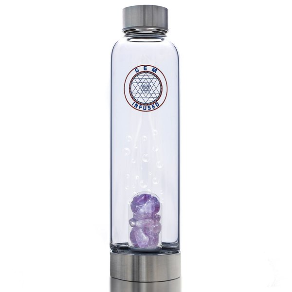 TonicCure Gem Infused Crystal Water Bottle Elixir with Authentic Healing Wellness Brazilian Stones Amethyst Neoprene Sleeve, for Love Peace and clarity 16 oz (Amethyst)