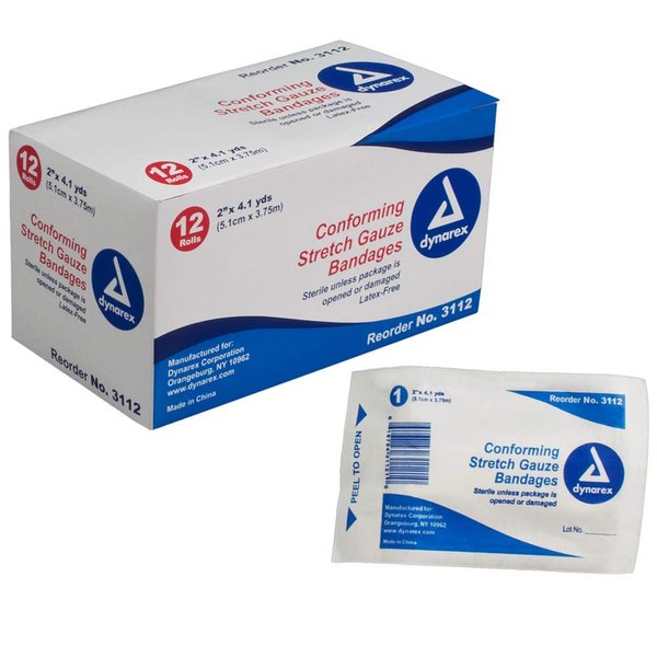 Dynarex Stretch Gauze Bandages, 2" x 4.1 yds, Sterile & Latex-Free, Wound Care in Medical and Home Environments, 1 Box of 12 Dynarex Stretch Gauze Bandages