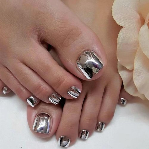 Chrome Press on Toenails Silver Fake Toe Nails Square False Toe Nails Glossy Glue on Toenails Acrylic Toe Fake Nails Metallic Silver Press on Toe Nails Full Cover Stick on Toenails for Women 24pcs