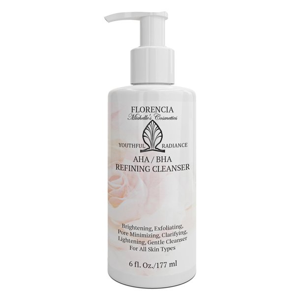 Florencia AHA BHA Refining Cleanser - Exfoliating Gentle Facial Cleanser, Daily Face Wash with Glycolic Acid, Salicylic Acid, Lactic Acid, Jojoba Beads, Pore Perfecting Face Scrub 6 fl Oz
