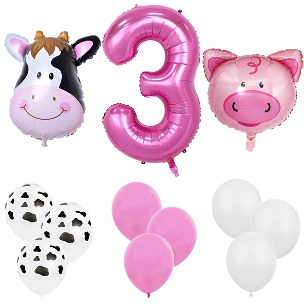 InBy 18pcs Farm Animal Balloons for 3rd Birthday Party Decorations Pig Cow Head Third Farm Animal Theme Balloon Garland Arch 40" Number 3 Foil Balloon 12" Latex Balloon Baby Girl Shower Party Supplies