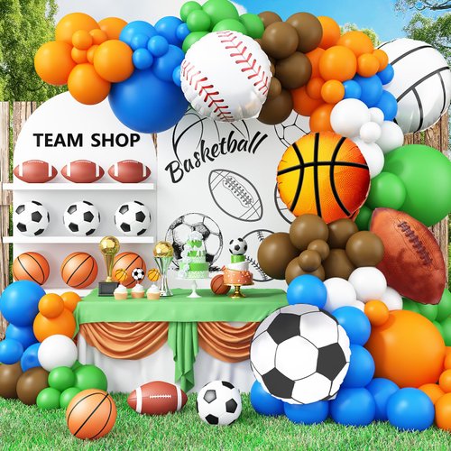 Sports Balloon Arch Garland Kit, 115Pcs Sports Party Baseball Soccer Basketball Football Helium Balloons Blue Green Orange Sport Latex Balloon for Boys Sport Themed Birthday Party Decorations Supplies