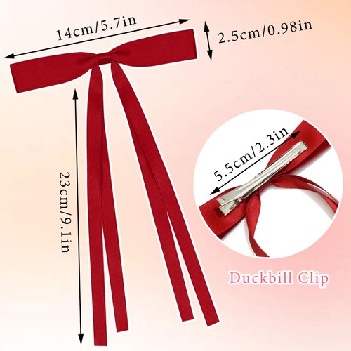 FULZTEY 4 Pack Bow Hair Clips for Women Red Beige Bow Hair Barrettes Silky Bowknot Hair Ribbon Long Tail Fashion Coquette Bows Clips Hair Accessories for Girls