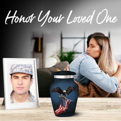 Black Eagle Urn Mini - Small Urn for Human Ashes Keepsake with Box & Bag – Military Urn with Eagle & American Flag – Honor Your Loved One with Small Cremation Urn - Small Urn for Army Veterans