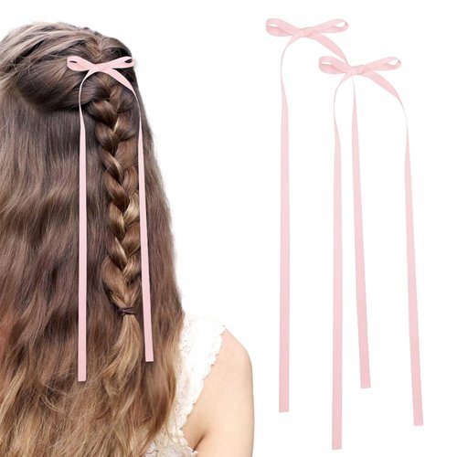Hair Bows Clips For Women Girls, Hair Ribbon Bow Clip With Long Tail, Silky Satin Bowknot Hair Clips With Long Tassel 2PCS (Pink)