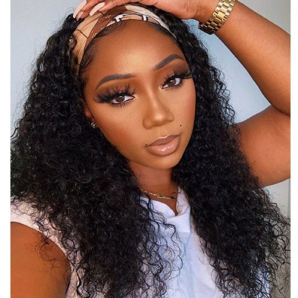 Rebasar Curly Headband Wig Human Hair Wigs for Black Women Human Hair 22 Inch Long No Lace Front Wigs Human Hair Glueless Deep Wave Headband Wigs Natural Black Color Half Wig with Headband