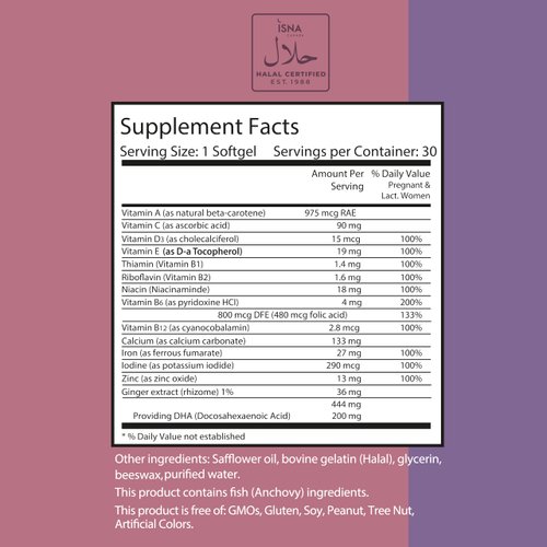 Noor Vitamins Halal Prenatal Vitamins with DHA and Folic Acid, Essential Vitamins, Ginger to Soothe Mom's Stomach, Iron, Softgels, Prenatal Vitamin Before/During/Post Pregnancy (1 Month Supply)