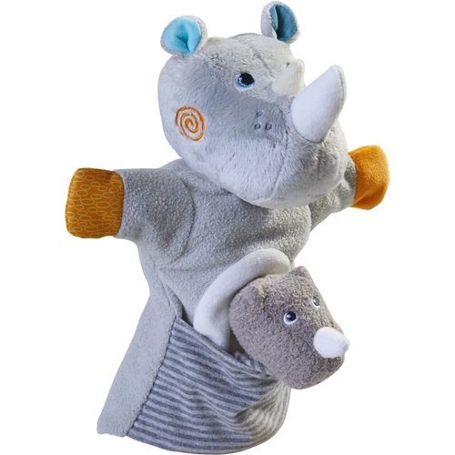 HABA 305755 Hand Puppet Rhino with Baby, Hand Puppet from 1.5 Years, L