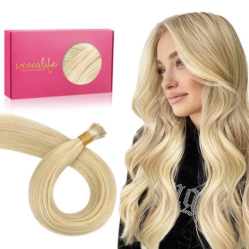 WENNALIFE I Tip Hair Extensions Human Hair, 50g 100s 14 Inch Light Blonde Highlighted Golden Blonde Remy Itip Human Hair Extensions Invisible Itips Straight I Tips Fusion Extensions Real Human Hair