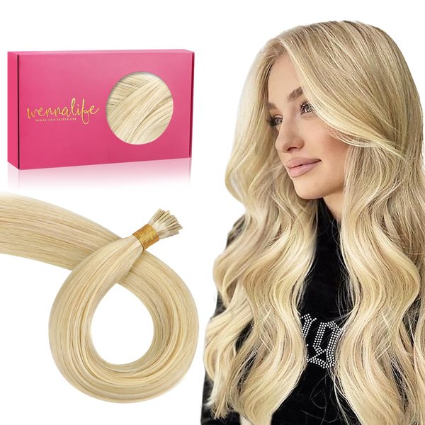WENNALIFE I Tip Hair Extensions Human Hair, 50g 100s 14 Inch Light Blonde Highlighted Golden Blonde Remy Itip Human Hair Extensions Invisible Itips Straight I Tips Fusion Extensions Real Human Hair
